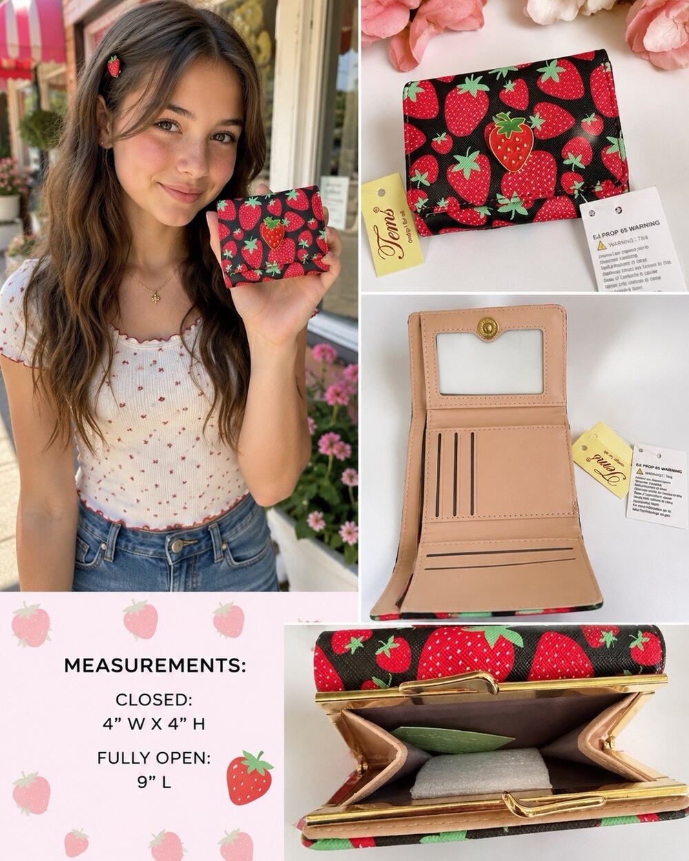 🆕Tems Strawberry Print Trifold Wallet Coin Purse Card Holder NWT Cute Kawaii